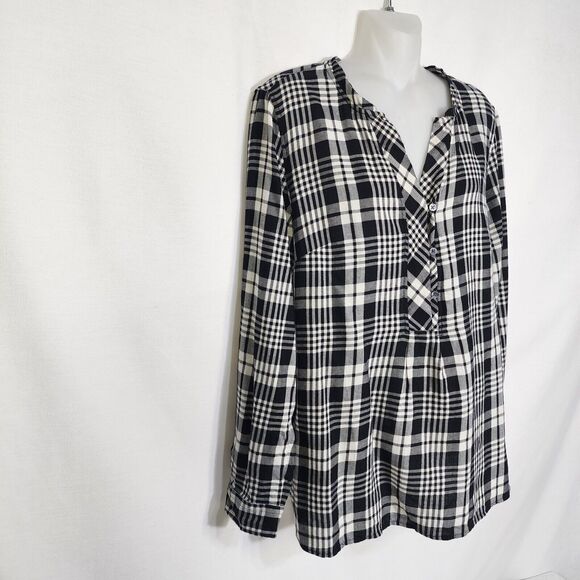 Talbots Women Top Medium Black White Plaid Popover Split Neck Long Sleeve Blouse - Picture 6 of 13